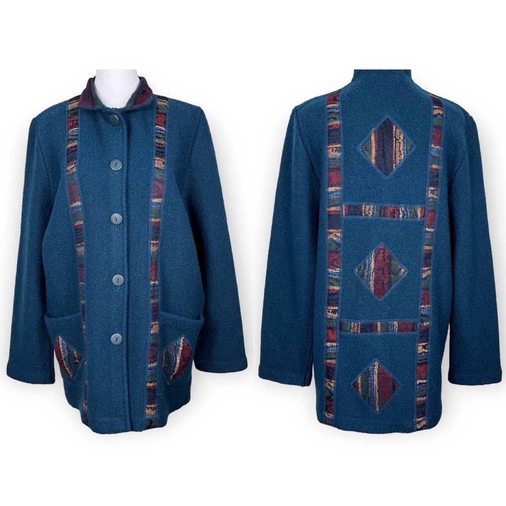 Vintage South Wool 100% Virgin Uruguay Wool‎ Blue Teal Western Coat Size Large